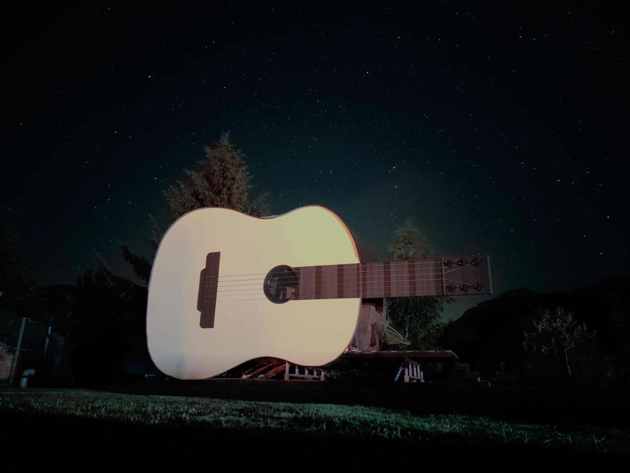 Entrepreneurial couple builds folk song inspired guitar shaped tiny house in mountainside town