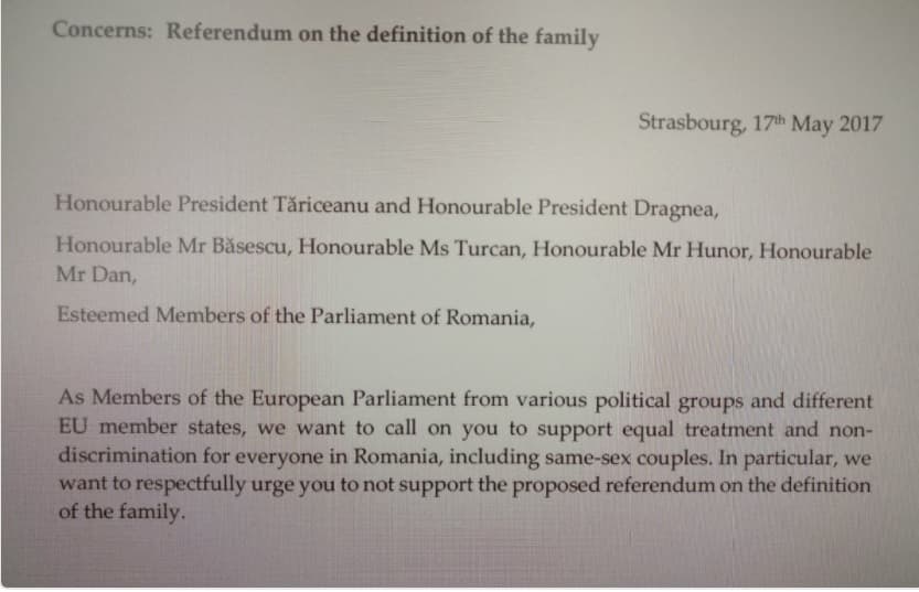 EP Intergroup on LGBT rights asks Romanian Parliament to not support referendum for family redefinition