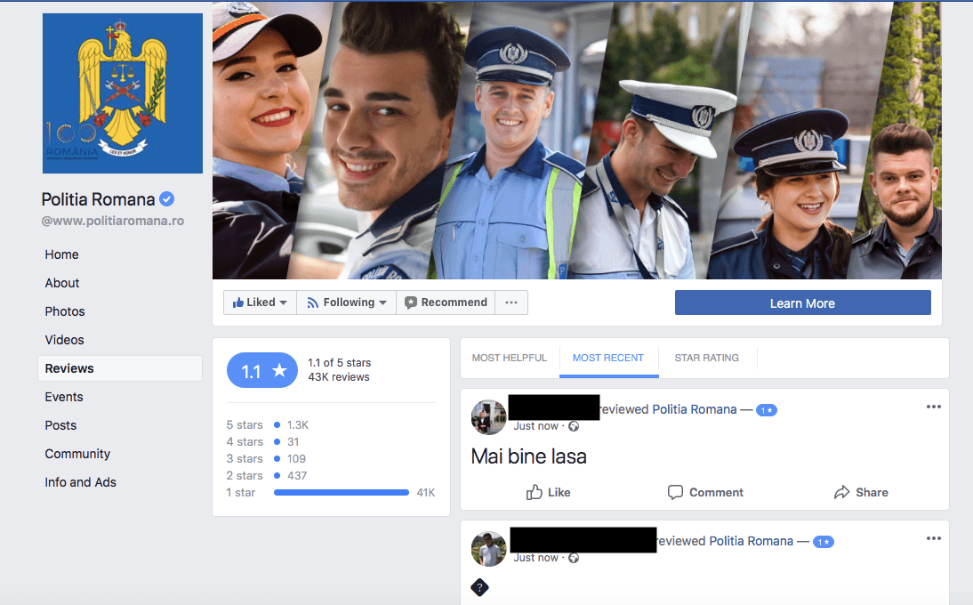 PR crisis: Romanian Police Facebook page reaches one-star rating after license plates scandal