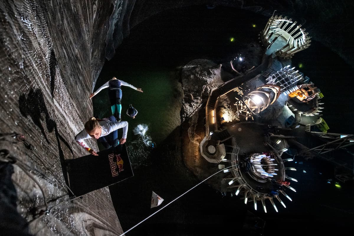 World premiere in Romania: Cliff diving 120 meters underground in famous salt mine