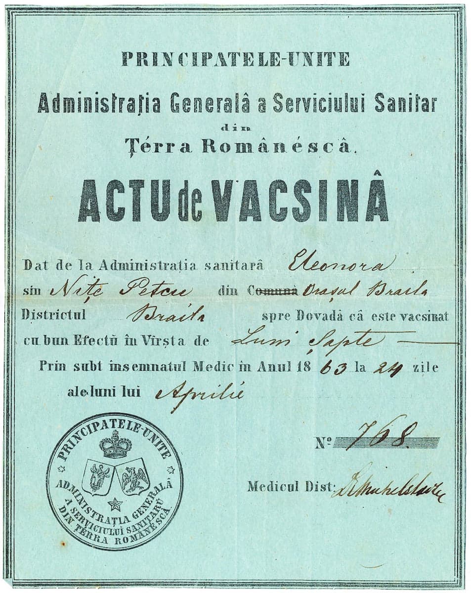 Romania photo of the day: Vaccination certificate issued in Romania more than 150 years ago