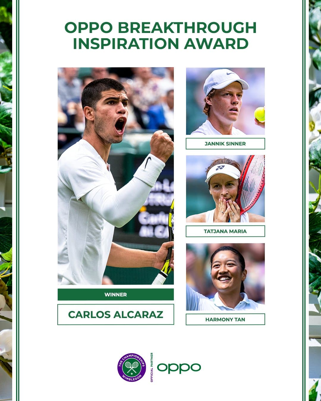 Carlos Alcaraz wins the OPPO Breakthrough Inspiration Award at Wimbledon 2022 (press release)