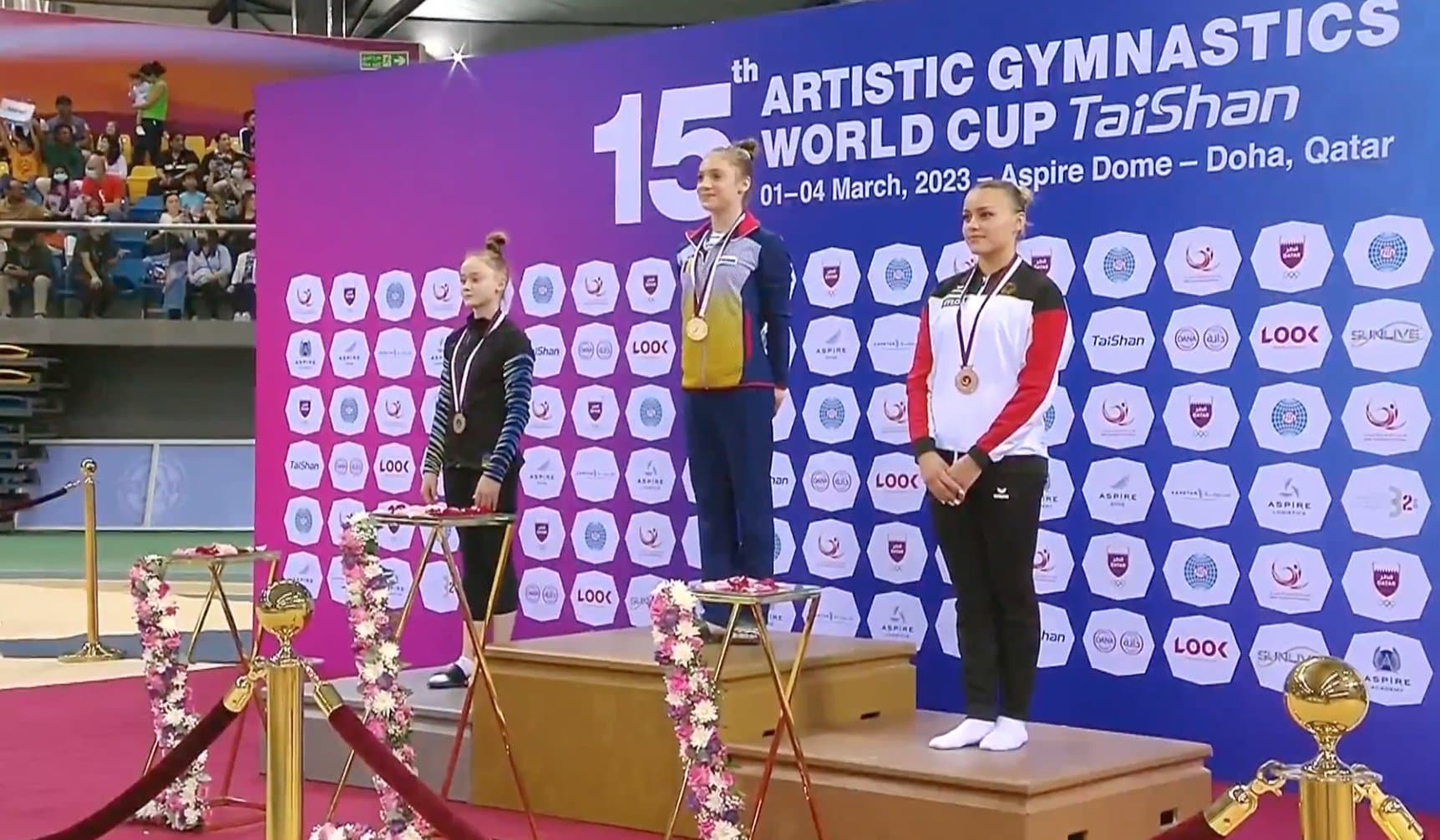 Romania's Sabrina Voinea wins two gold medals at Doha artistic gymnastics World Cup