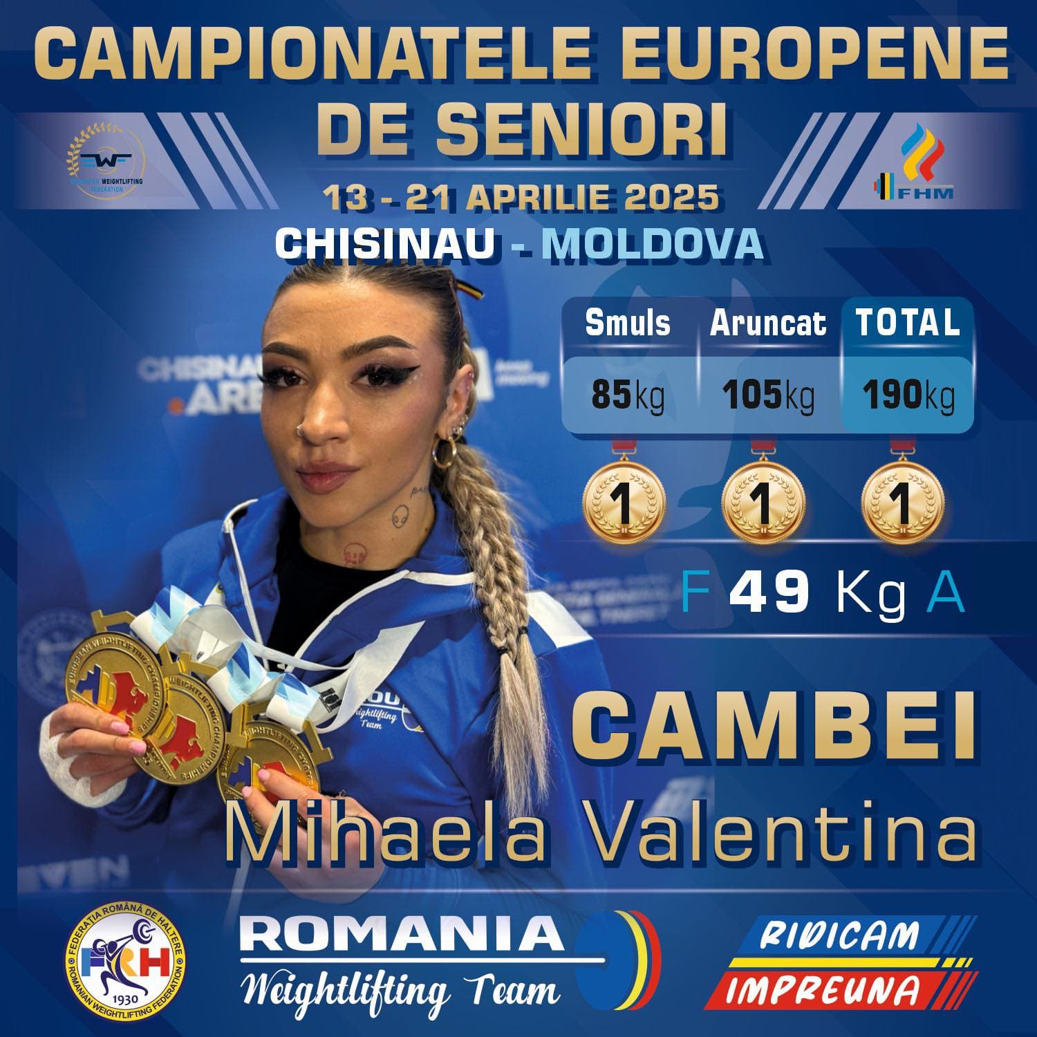 Romanian weightlifter Mihaela Cambei claims three gold medals at European Weightlifting Championships