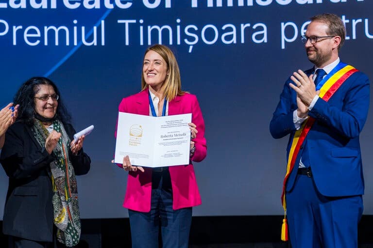 European Parliament president Roberta Metsola receives Timișoara Award for European Values