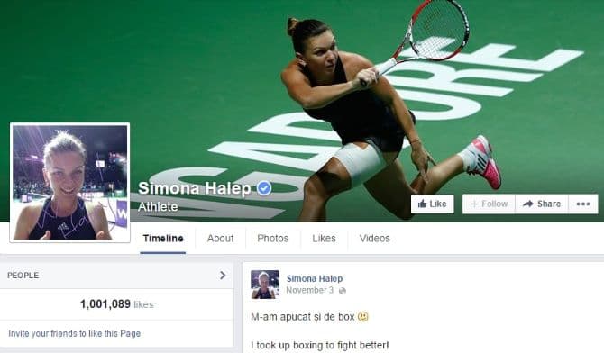 Romanian tennis star Simona Halep reaches one million fans on Facebook