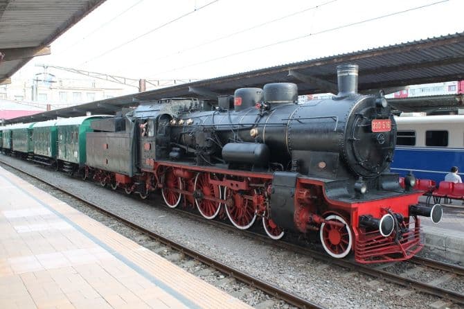 Old and new trains on display at the Gara de Nord railway station in Romanian capital