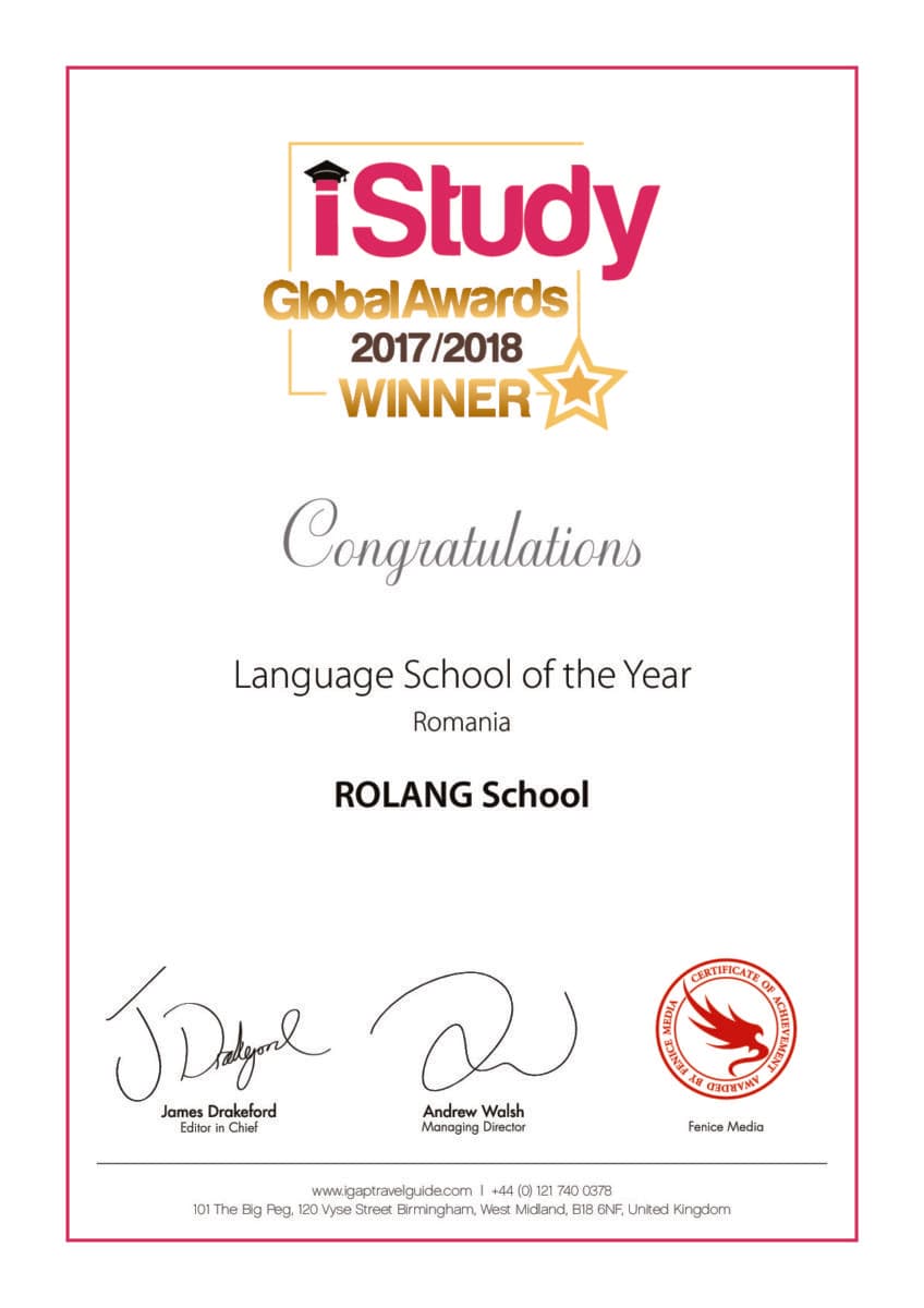 (P) Romanian language school ROLANG, exclusively for foreigners, has won the 2017/2018 iStudy Global Awards for "Language School of the Year"