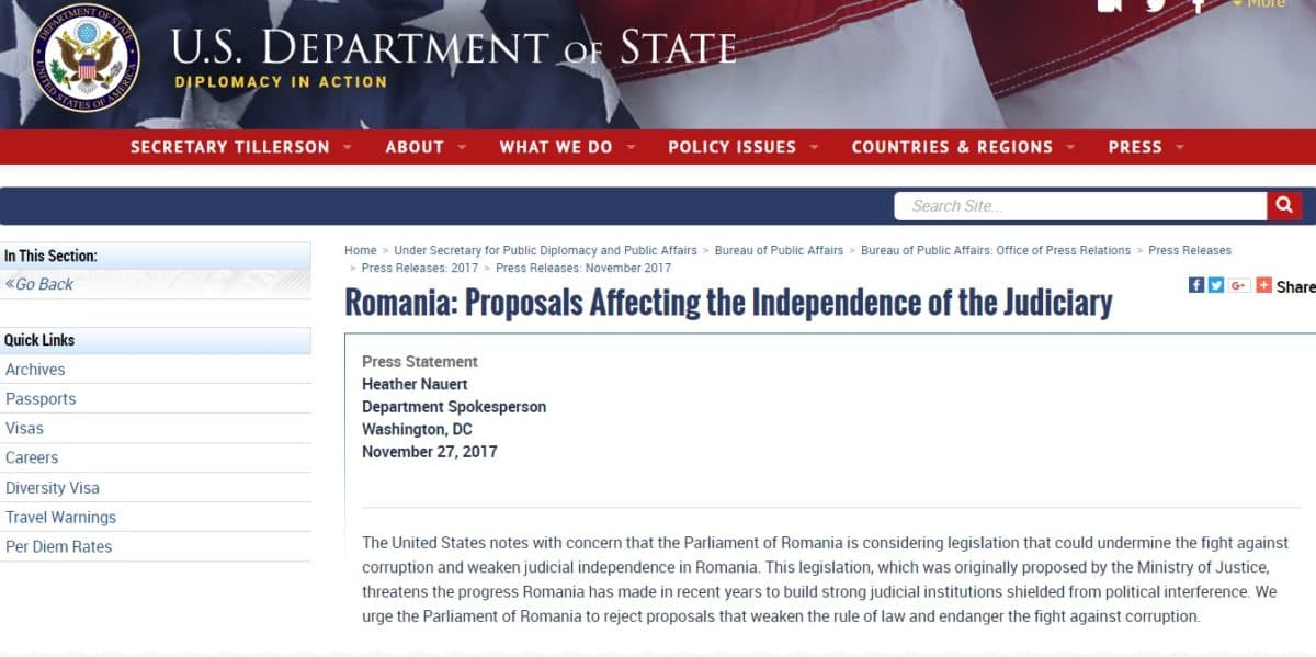 US urges Romanian Parliament to reject proposals that may weaken rule of law